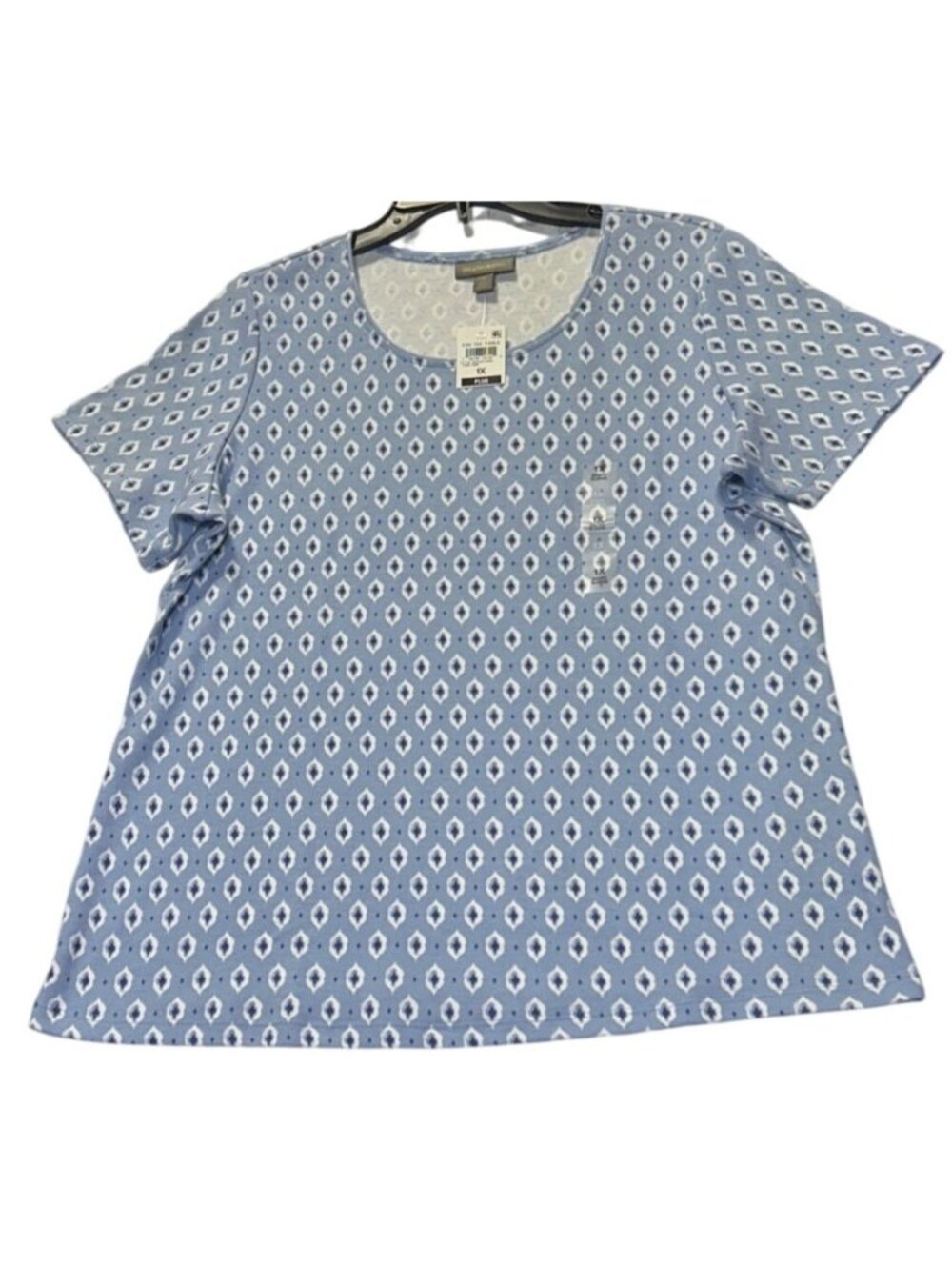 Style&Co Womens Plus Size 1X Blue Short Sleeve Diamond Print Tee